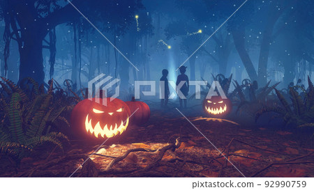 Lost children in scary Halloween forest at misty night 3D 92990759