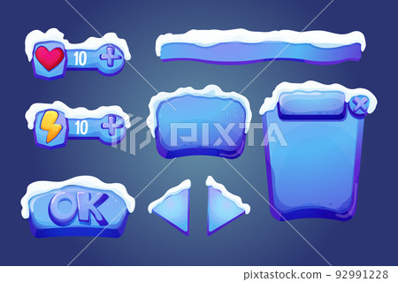 Set winter ice fantasy interface template game menu with snow in cartoon style isolated on white background. Ui asset, frame for settings design. Casual web 2d element. Set winter ice fantasy interface template game menu with snow in cartoon style isolated on white background. Ui asset, frame for settings design. Casual web 2d element. 92991228