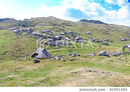 Herdsmens huts and cows on the Big Mountain Plateau in Slovenia in the Kamnik Savinja Alps Herdsmens huts and cows on the Big Mountain Plateau in Slovenia in the Kamnik Savinja Alps 92991489