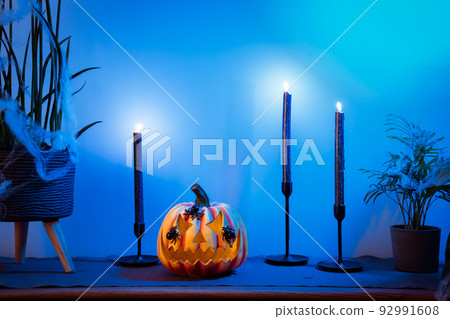 Halloween pumpkin Jack-o-lantern, black candles and decorated home plants standing on modern wooden cabinet in neon blue light. Seasonal living room interior decoration for holidays and festive party. Halloween pumpkin Jack-o-lantern, black candles and decorated home plants standing on modern wooden cabinet in neon blue light. Seasonal living room interior decoration for holidays and festive party. 92991608