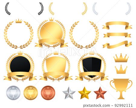 Set of gold laurel frames, ribbons and medals 92992111