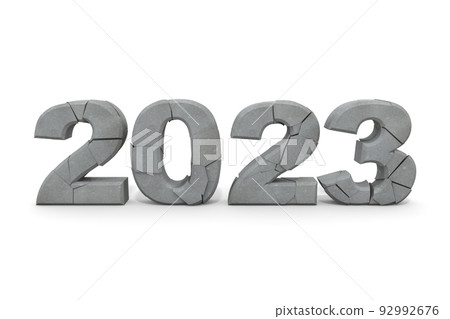 Crumbled letters on a white background. rock texture. 2023 characters. Letters made in three dimensions. Gothic lettering. 92992676