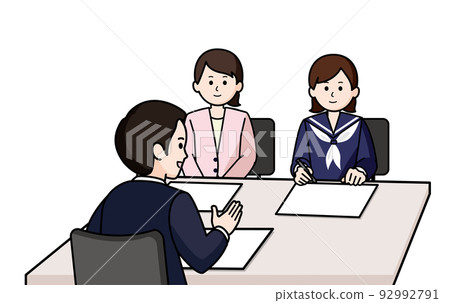 Three-way interview female student/guardian and male staff Three-way interview female student/guardian and male staff 92992791