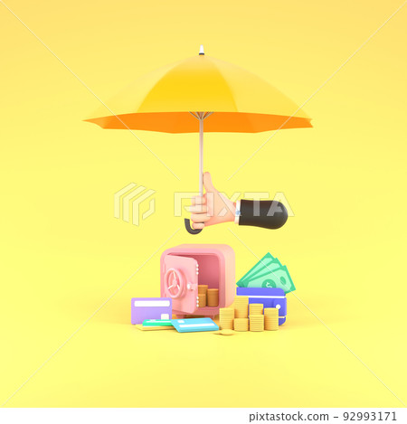 hand hold yellow umbrella Piles of golden coins, banknotes and safe. 92993171