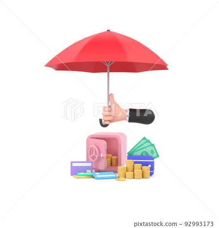 hand hold red umbrella Piles of golden coins, banknotes and safe. hand hold red umbrella Piles of golden coins, banknotes and safe. 92993173