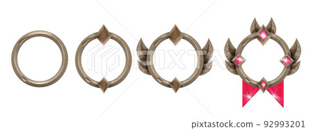 Medieval level up user avatar circle, vector UI fantasy mobile app reward kit, stone game frame set 92993201