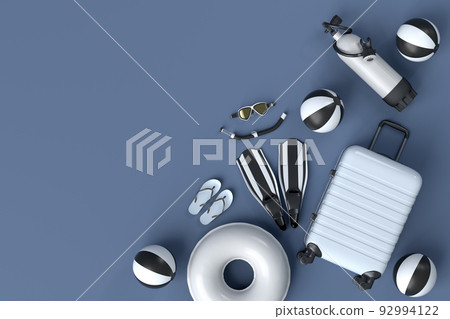 Colorful suitcase or baggage with beach accessories on black and white. 92994122