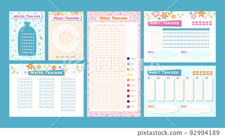 Cute tracker. Water hydrate journal, mood notes and habits trackers printable template vector set Cute tracker. Water hydrate journal, mood notes and habits trackers printable template vector set 92994189