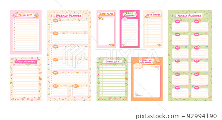 Cute planner templates. To do list with flower ornament, check list and note paper. Daily, weekly, monthly and yearly planners vector set 92994190
