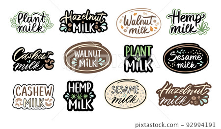 Plant milk lettering. Hazelnut, walnut, cashew nuts based product packaging design label. Sesame and hemp plants emblem vector set 92994191