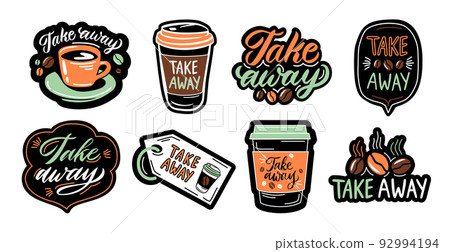 Take away coffee labels. Takeaway cup to go tag, hand drawn lettering with americano and coffee beans vector set Take away coffee labels. Takeaway cup to go tag, hand drawn lettering with americano and coffee beans vector set 92994194
