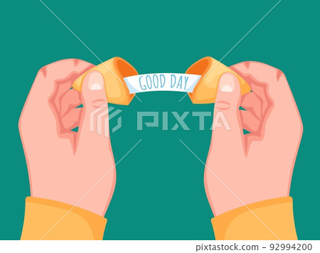 Cracked fortune telling cookies in hands. Good day forecasting, traditional Chinese sweet cookie with predictions of future vector illustration 92994200