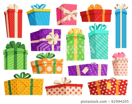 Cartoon gift boxes. Wrapped present with ribbon bow, birthday gift package and surprise vector set Cartoon gift boxes. Wrapped present with ribbon bow, birthday gift package and surprise vector set 92994205
