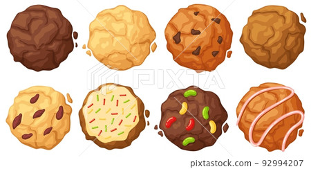 Sugar cookie. Chewy sprinkles, chocolate chip, soft frosted and fudge oatmeal cookies top view vector Illustration set Sugar cookie. Chewy sprinkles, chocolate chip, soft frosted and fudge oatmeal cookies top view vector Illustration set 92994207