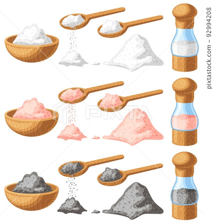 Pink, black and white salt. Wooden shaker, spoon and bowl with different salt types cartoon vector illustration set 92994208