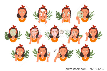 Face skin care. Beauty masks and patches skincare instruction. Washing, scrubbing and moisturizing face cream vector icon set 92994232