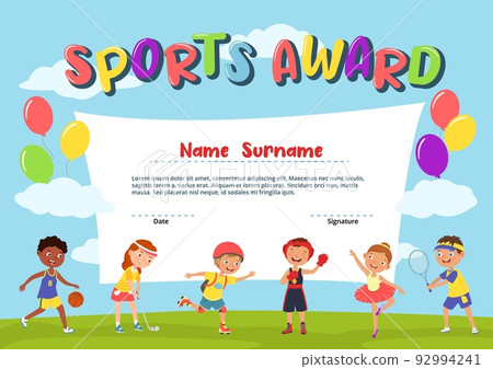 Kids sport diploma. Active kid certificate, school award template with happy boys and girls practicing sports cartoon vector Illustration Kids sport diploma. Active kid certificate, school award template with happy boys and girls practicing sports cartoon vector Illustration 92994241