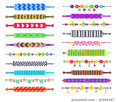 Handmade hippie bracelets. Friendship bands, colorful wristband and braided bracelet vector set Handmade hippie bracelets. Friendship bands, colorful wristband and braided bracelet vector set 92994267