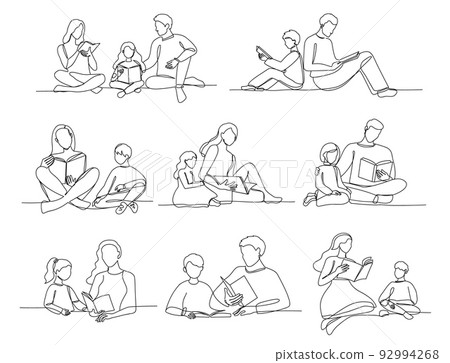 One line reading for kids. Readers family, parents read books with children. Mother, father and kid with book lifestyle vector Illustration set One line reading for kids. Readers family, parents read books with children. Mother, father and kid with book lifestyle vector Illustration set 92994268