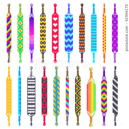 Friendship bracelets. Hippie braided wristband, wrist bracelet with pattern and hand made jewellery vector set Friendship bracelets. Hippie braided wristband, wrist bracelet with pattern and hand made jewellery vector set 92994270