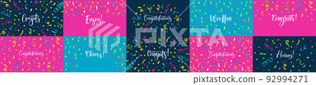 Congratulations banners. Congrats lettering with confetti, enjoy celebration poster and hooray card vector set Congratulations banners. Congrats lettering with confetti, enjoy celebration poster and hooray card vector set 92994271