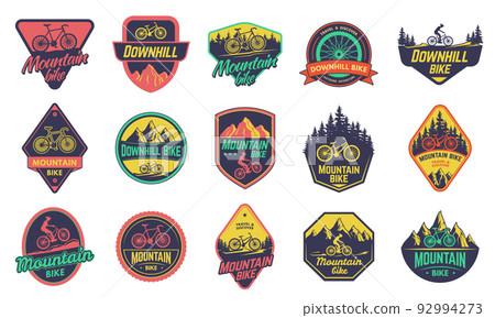 Mountain bikes badge. Downhill sticker, outdoor freestyle bicycle and bike riders emblems vector set Mountain bikes badge. Downhill sticker, outdoor freestyle bicycle and bike riders emblems vector set 92994273