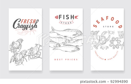 A collection of banners to advertise a fish shop or seafood market. A collection of banners to advertise a fish shop or seafood market. 92994890
