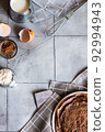 Chocolate pancake ingredients. Flatlay food photo with copy space. 92994943