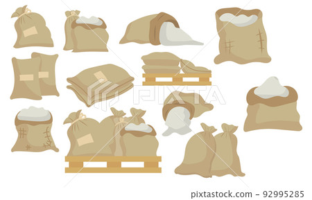 Sack or bag sand and rice seed. Farmer flour and potato pallet brown farming isolated vector illustration. Plant mill wheat agriculture and farm harvest icon set. Cartoon harvesting product symbol Sack or bag sand and rice seed. Farmer flour and potato pallet brown farming isolated vector illustration. Plant mill wheat agriculture and farm harvest icon set. Cartoon harvesting product symbol 92995285