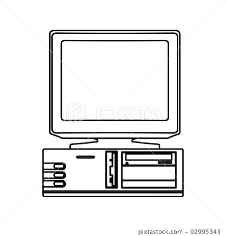 Old computer vector technology illustration pc outline and retro line icon desktop. Digital screen display and symbol 90s. Vintage communication design thin and office flat equipment personal object 92995343