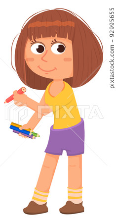 Creative kid character. Cute girl with color pencils Creative kid character. Cute girl with color pencils 92995655