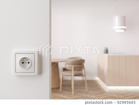 White electric socket on the wall at home. Close up view. Save electricity, electricity is getting more expensive. Energy crisis, energy price. 3d rendering. 92995685