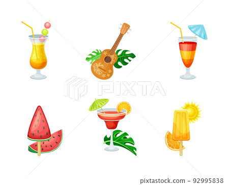 Tropical Party Object with Refreshing Cocktail in Glass, Hawaiian Guitar and Ice Cream Vector Set Tropical Party Object with Refreshing Cocktail in Glass, Hawaiian Guitar and Ice Cream Vector Set 92995838