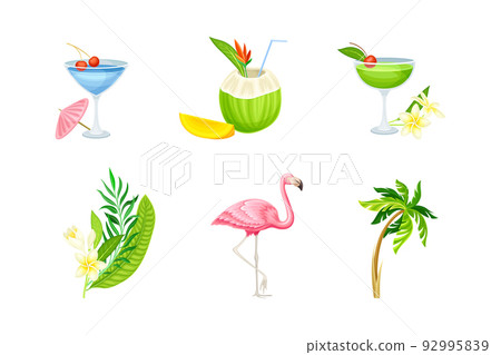 Tropical Party Object with Refreshing Cocktail in Glass, Pink Flamingo and Palm Tree Vector Set Tropical Party Object with Refreshing Cocktail in Glass, Pink Flamingo and Palm Tree Vector Set 92995839