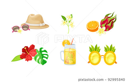 Tropical Party Object with Refreshing Cocktail in Glass, Hibiscus Flower and Sunglasses Vector Set 92995840