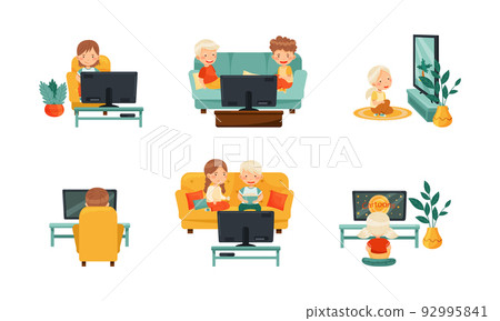 Little Kids Sitting on Sofa and Armchair Watching Cartoon Film on TV Vector Set Little Kids Sitting on Sofa and Armchair Watching Cartoon Film on TV Vector Set 92995841