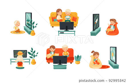 Little Kids Sitting on Sofa and Armchair Watching Cartoon Film on TV Vector Set Little Kids Sitting on Sofa and Armchair Watching Cartoon Film on TV Vector Set 92995842