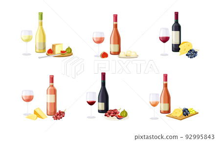 Wine Bottle and Glass with Alcoholic Drink Served with Cheese and Grapes Vector Set Wine Bottle and Glass with Alcoholic Drink Served with Cheese and Grapes Vector Set 92995843