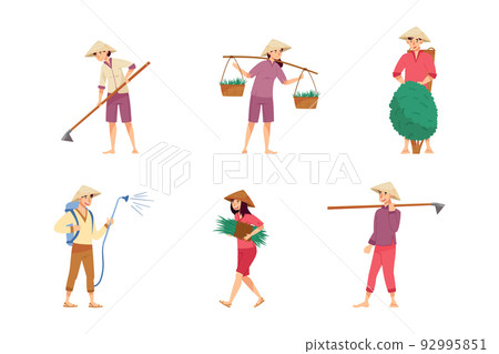 Asian Farmers in Straw Conical Hat Working on Field Vector Set Asian Farmers in Straw Conical Hat Working on Field Vector Set 92995851
