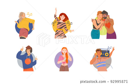 People Character with Headphones Listening to Music and Moving with Dancing Motion Vector Set 92995871
