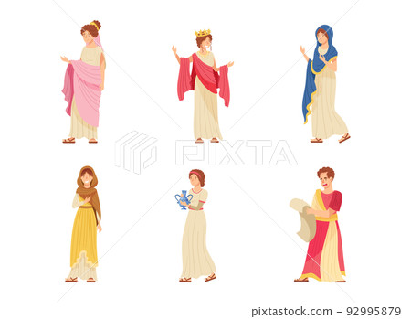 Romans Man and Woman in Traditional Ethnic Clothing Vector Illustration Set 92995879
