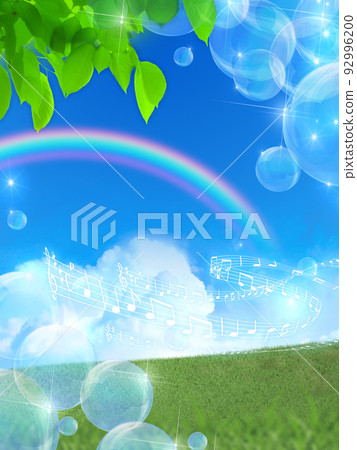 Soap bubbles floating in fresh green and blue sky Soap bubbles floating in fresh green and blue sky 92996200