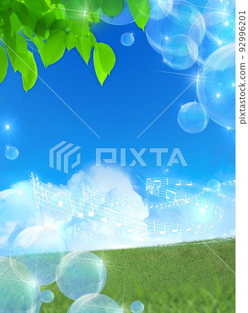 Soap bubbles floating in fresh green and blue sky Soap bubbles floating in fresh green and blue sky 92996201