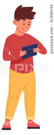 Kid with tablet. Child digital addiction. Boy watching video or playing games Kid with tablet. Child digital addiction. Boy watching video or playing games 92996548
