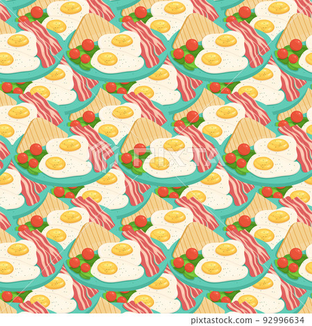 Seamless pattern with English traditional breakfast of scrambled eggs, bacon, toast with vegetables. 92996634