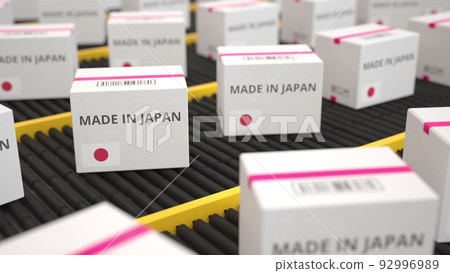 MADE IN JAPAN text on white cartons moving along the conveyor. 3D rendering MADE IN JAPAN text on white cartons moving along the conveyor. 3D rendering 92996989