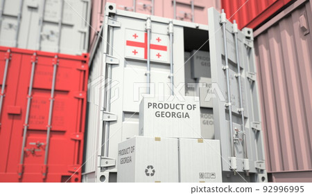 Cartons with goods from Georgia and shipping containers in the port terminal or warehouse. National production related conceptual 3D rendering 92996995