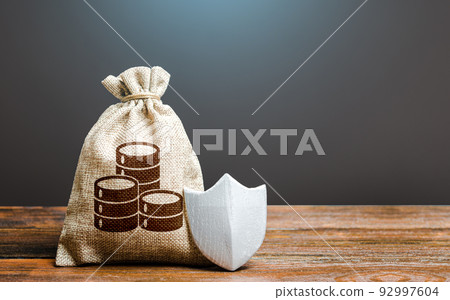 Money bag and protection shield. Ensuring the safety of investments in economy. Protection of retirement savings. Reduction of corruption risks of doing business. Guaranteed deposit profit. 92997604