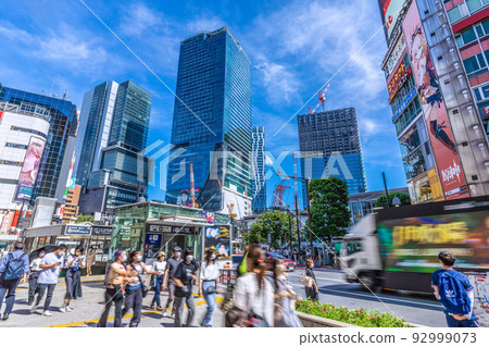 Tokyo cityscape in Japan Shibuya station. The dismantling work of the Tokyu Toyoko store is also progressing. Window glass in the building redeveloped at Sakuragaokaguchi = August 10 92999073