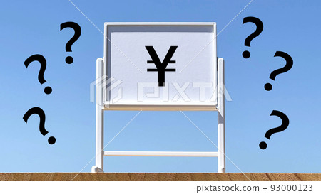 A miniature whiteboard with a Japanese Yen mark and lots of question marks and a blue sky A miniature whiteboard with a Japanese Yen mark and lots of question marks and a blue sky 93000123